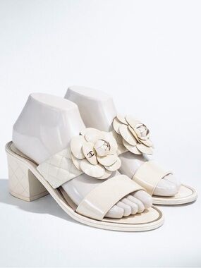 CHANEL Matelasse Leather Block Heel Slides, Camelia w/CCs,box, cream, 36.5C